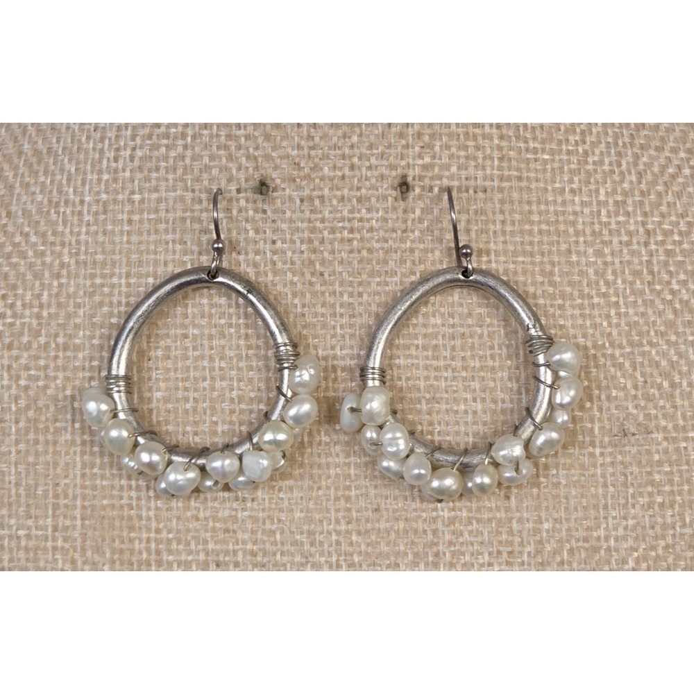 Vintage‎ Sterling Silver Wrapped Genuine Pearl Cluster Dangle Hoop Earrings - Picture 2 of 4
